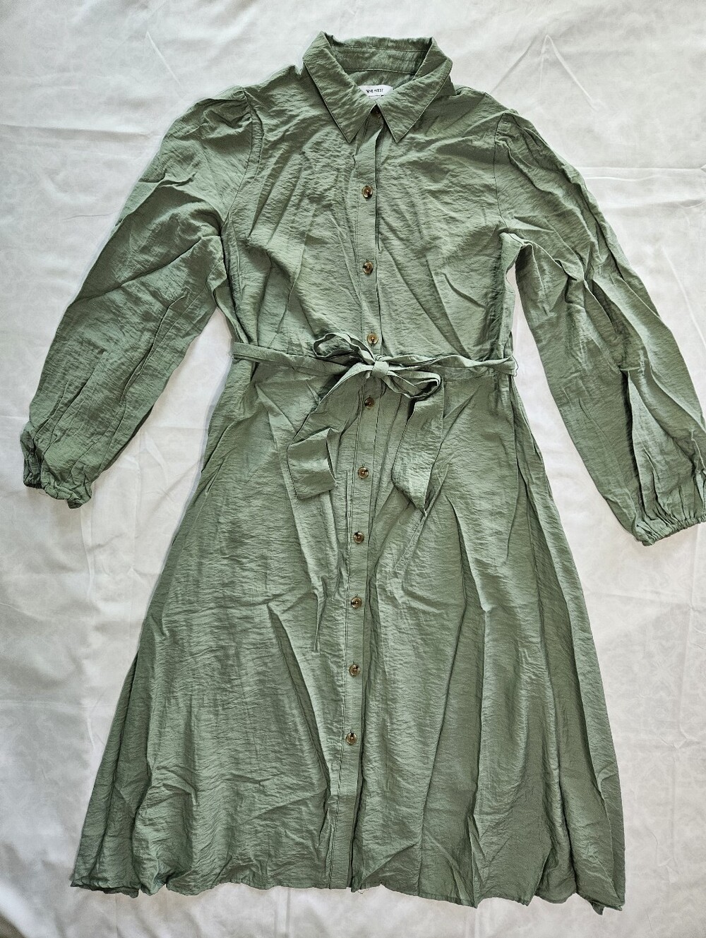 Nine West Womens M Sage Green Button Down Shirt Dress Midi Tie Waist Long Sleeve